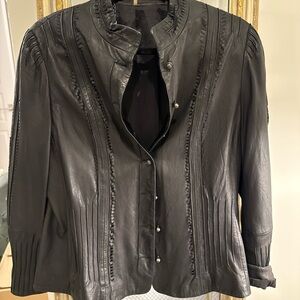 Elie Tahari Black Leather Jacket with Pleated Design